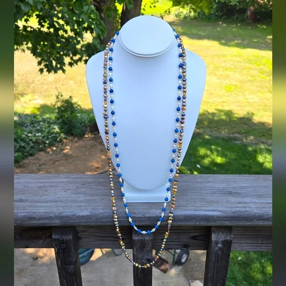 Blue Gemstone White Rice Pearl Gold Purple Peaco Pearl Beaded Necklace Bundle - Picture 15 of 16